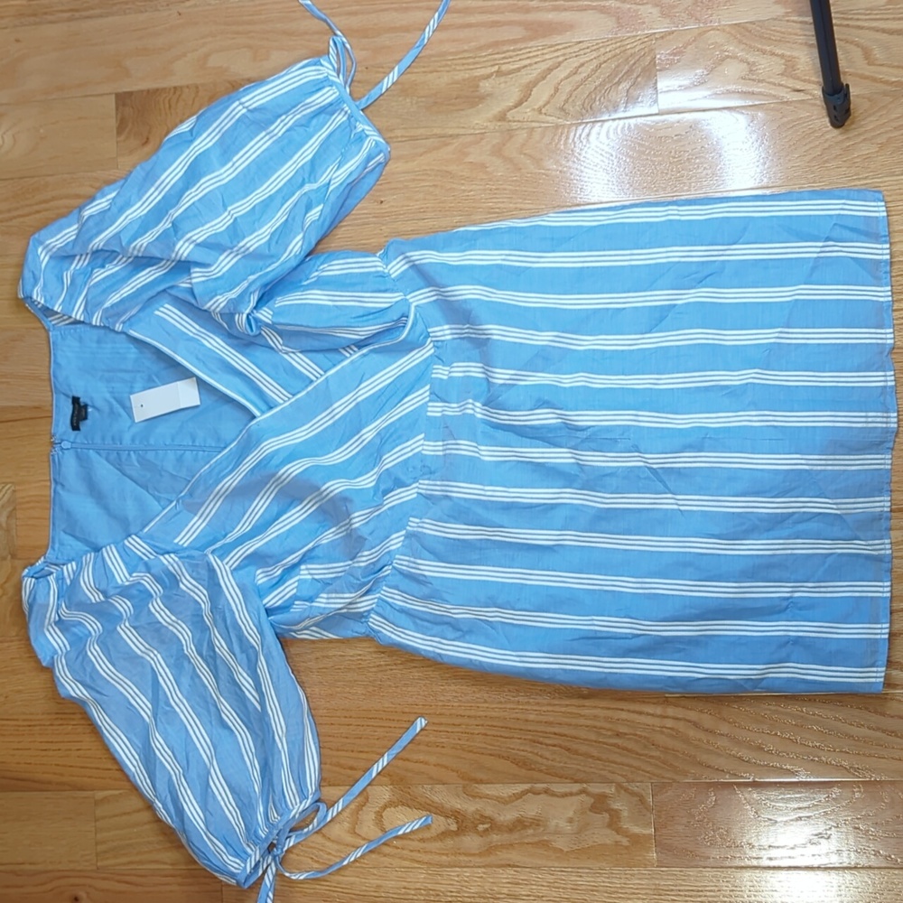 Ann Taylor blue and white stripes short sleeve with tie dress NWT